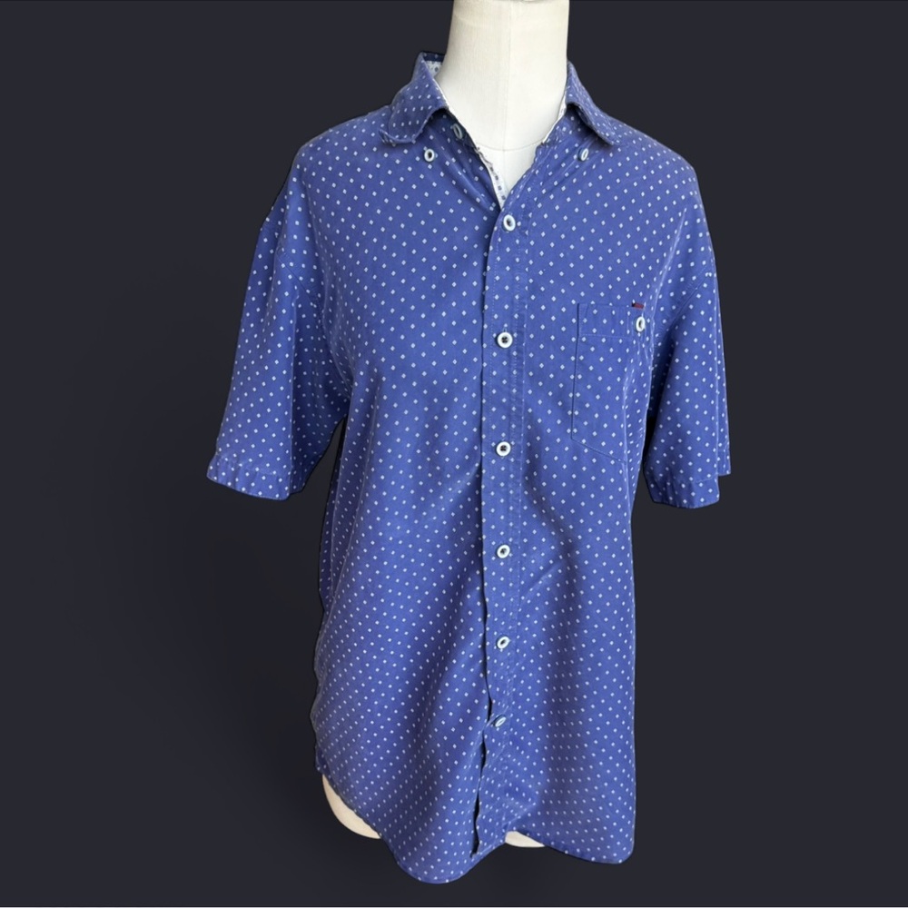 Marti Kat Casual Blue Polka Dot Button-Down Shirt silky feeling modal sz med